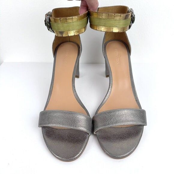 Sundance Leather Sandals Womens 10 EU 41 Pewter High Block Heels Ankle Straps - Picture 3 of 12